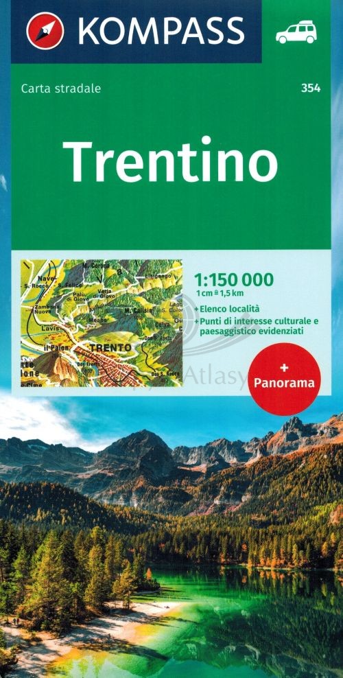 Trydent i okolice 1:150 000. Mapa samochodowo-turystyczna i panoramiczna 354. Kompass