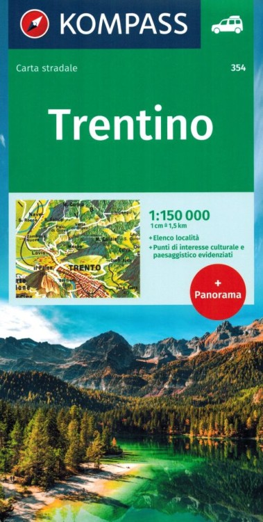 Trentino1:150 000. Mapa samochodowo-turystyczna i panoramiczna 354 wydawnictwa Kompass. Okładka