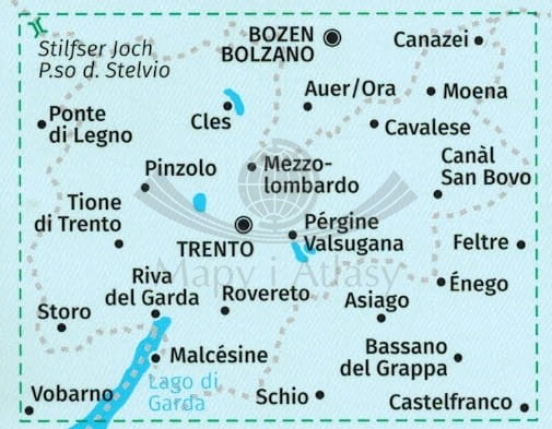 Trentino 1:150 000. Mapa samochodowo-turystyczna i panoramiczna 354 wydawnictwa Kompass. Zasięg