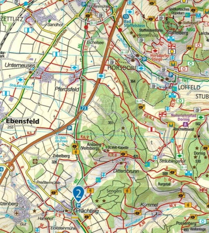 Nordliche Frankische Schweiz . Wodoodporna mapa turystyczna 165 wydawnictwa Kompass. Fragment 1