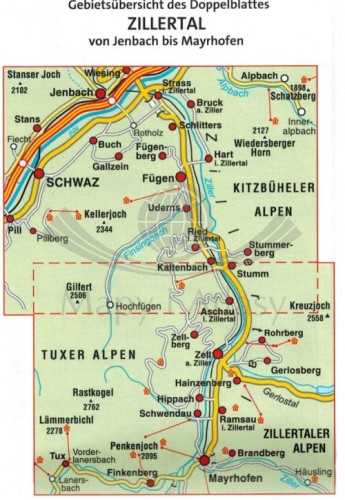 Zillertal : od Jenbach do Mayrhofen 1:25 000. Wodoodporna mapa turystyczna 310 wydawnictwa Kompass. Zasięg