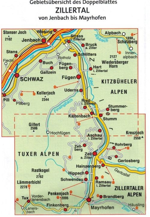 Zillertal : od Jenbach do Mayrhofen 1:25 000. Wodoodporna mapa turystyczna 310 wydawnictwa Kompass. Zasięg