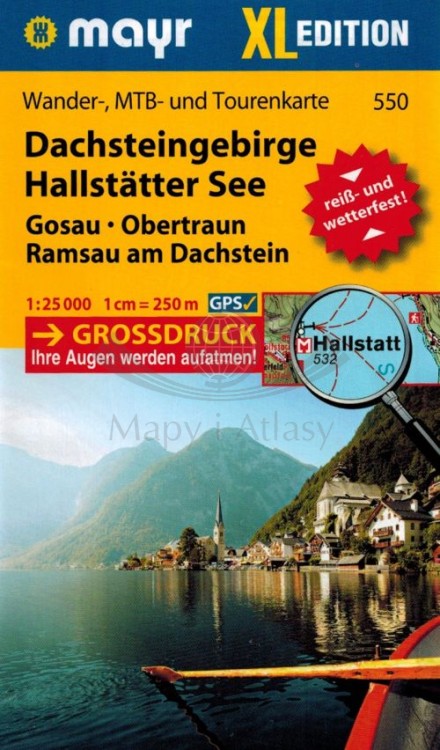 Dachsteingebirge, Hallstatter See. Wodoodporna mapa turystyczna 550 wydawnictwa Kompass. Okładka