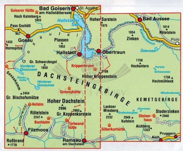 Dachsteingebirge, Hallstatter See. Wodoodporna mapa turystyczna 550 wydawnictwa Kompass. Zasięg