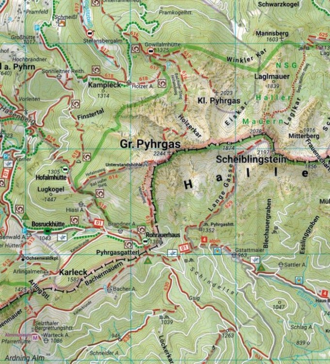 Gesause, Haller Mauern, Eisenerzer Alpen. Mapa turystyczna WK 0062 wydawnictwa Freytag & Berndt. Fragment 1