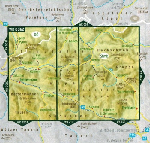 Gesause, Haller Mauern, Eisenerzer Alpen. Mapa turystyczna WK 0062 wydawnictwa Freytag & Berndt. Zasięg