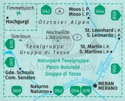 Naturpark Texelgruppe, Meraner Hohenweg, Alpy Otztalskie. Parco Naturale Gruppo di Tessa, Alta Via di Merano. Wodoodporna mapa turystyczna 043 wydawnictwa Kompass. Zasięg