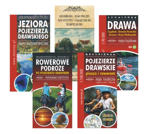 Pojezierze Drawskie 1:100 000. Zestaw: 3 mapy, przewodnik turystyczny, plany batymetryczne, linijka wędkarska wydawnictwa EKO-MAP. Cały zestaw
