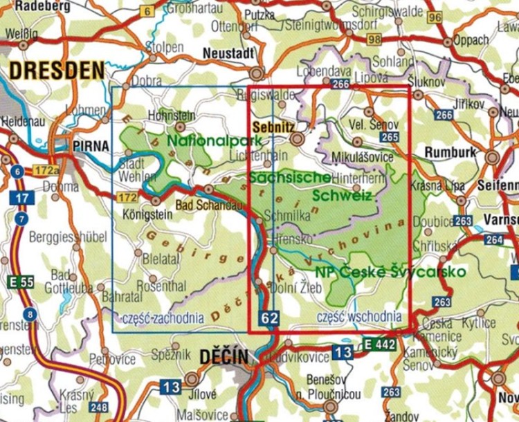 Czeska i Saksońska Szwajcaria, część wschodnia 1:25 000. Mapa turystyczna wydawnictwa Galileos. Zasięg