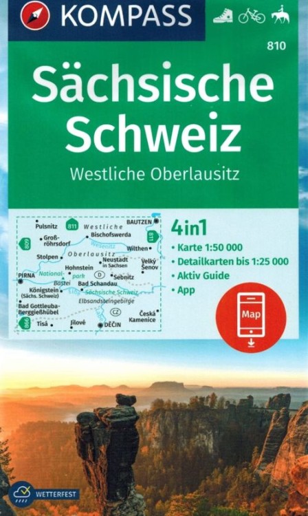 Saksońska Szwajcaria. Wodoodporna mapa turystyczna 810 wydawnictwa Kompass. Okładka