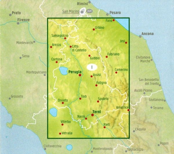 Umbria, Perugia, Asyż. Mapa samochodowo-turystyczna wydawnictwa Freytag & Berndt. Zasięg