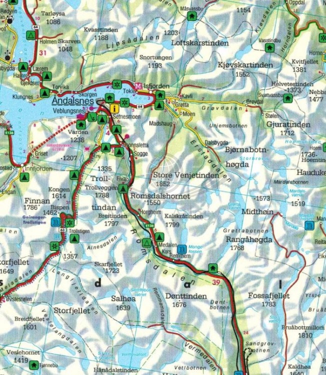 Norwegia Środkowa (Trondheim, Lillehammer, Alesund). Mapa samochodowo-turystyczna /2/ wydawnictwa Freytag & Berndt. Fragment 1