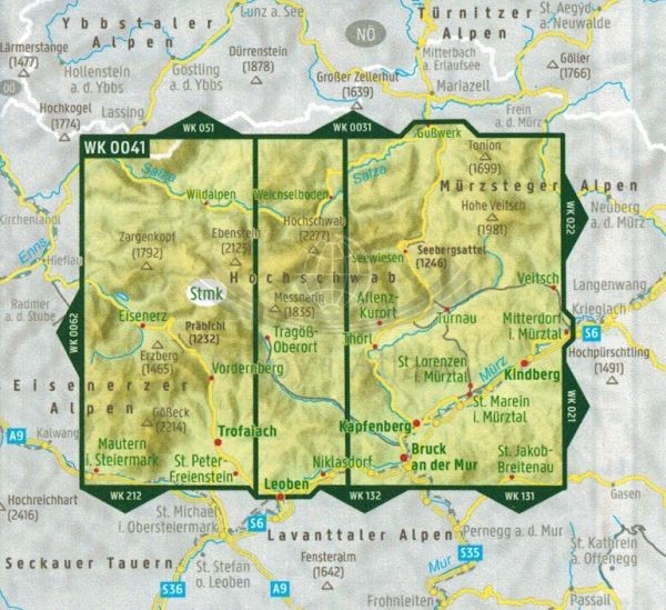 Hochschwab, Veitschalpe, Eisenerz, Bruck a.d. Mur 1:50 000. Mapa turystyczna WK 041 wydawnictwa Freytag & Berndt. Zasięg
