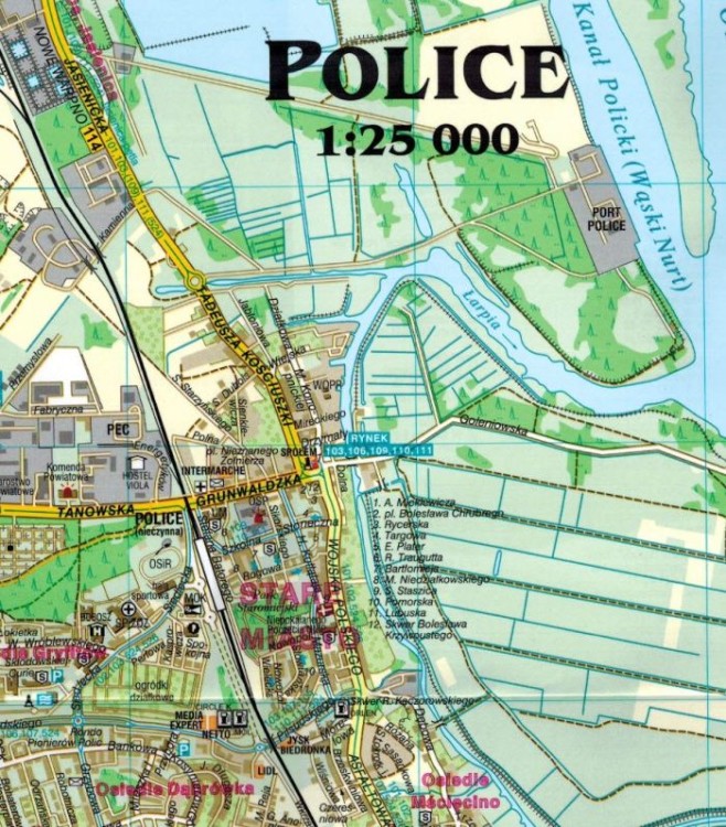 Szczecin +4. Goleniów, Police, Świnoujście, Stargard. Mapa  Plan miasta wydawnictwa Demart.  Fragment 1