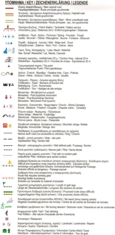 Mt Olympus / Masyw Olimpu. Wodoodporna mapa turystyczna wydawnictwa Anavasi. Legenda