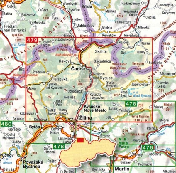 Kysuckie (Kisuckie) Beskidy / Kysucke Beskydy Mapa turystyczna 479 Shocart. Zasięg