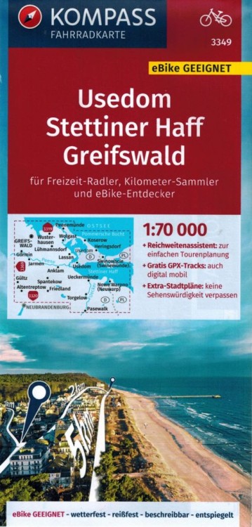 Uznam, Zalew Szczeciński / Usedom, Stettiner Haff, Greifswald 1:70 000. Wodoodporna mapa turystyczna, rowerowa 3349 wydawnictwa Kompass. Okładka