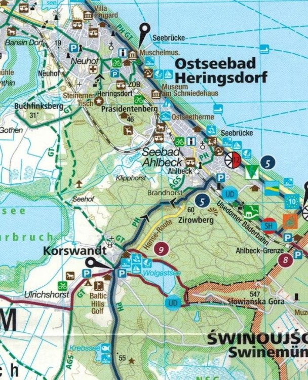 Uznam, Zalew Szczeciński / Usedom, Stettiner Haff, Greifswald 1:70 000. Wodoodporna mapa turystyczna, rowerowa 3349 wydawnictwa Kompass. Fragment 1