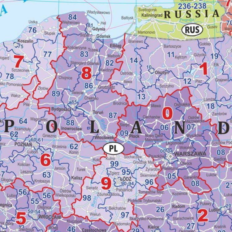 Europa 1:4 500 000. Mapa ścienna. Kody pocztowe. Język angielski. Fragment 1