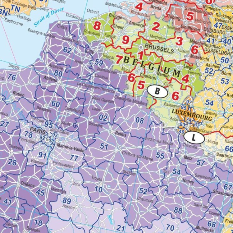 Europa 1:4 500 000. Mapa ścienna. Kody pocztowe. Język angielski. Fragment 2