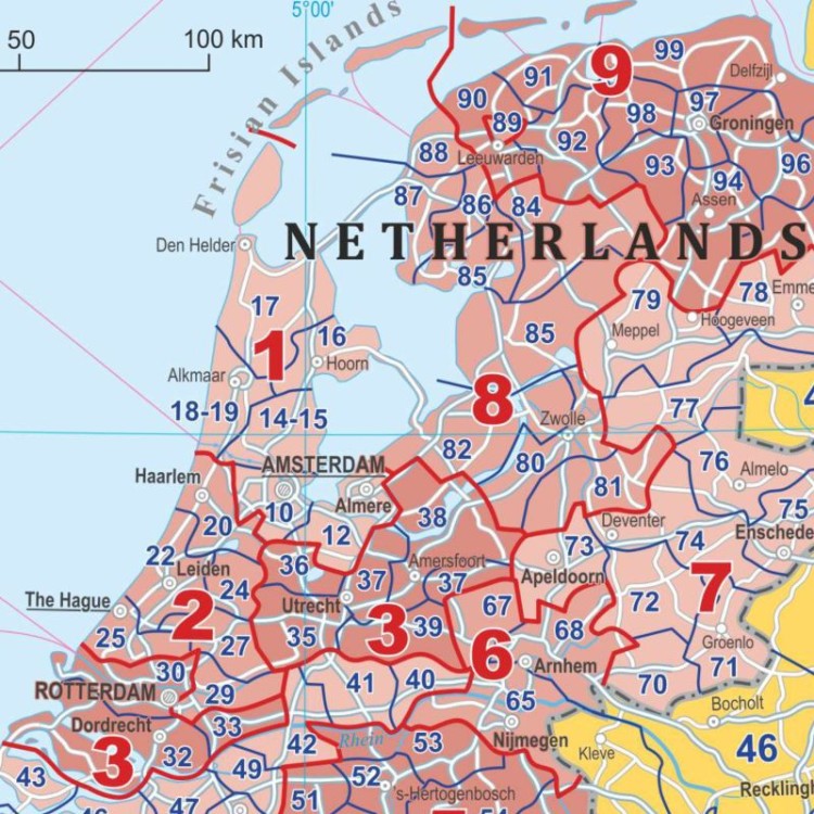 Europa 1:4 500 000. Mapa ścienna. Kody pocztowe. Język angielski. Fragment 3