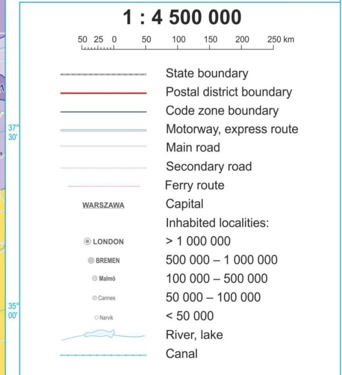 Europa 1:4 500 000. Mapa ścienna. Kody pocztowe. Język angielski. Legenda