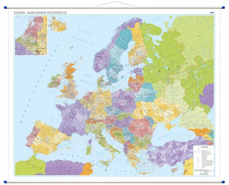 Europa 1:4 500 000. Mapa ścienna. Kody pocztowe. Język polski