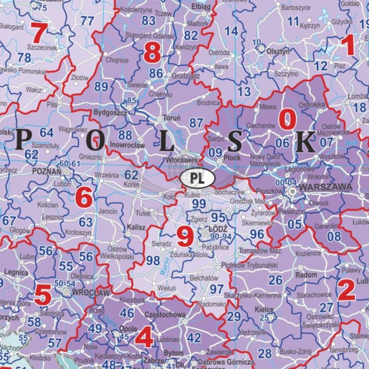 Europa 1:4 500 000. Mapa ścienna. Kody pocztowe. Język polski. Fragment 3
