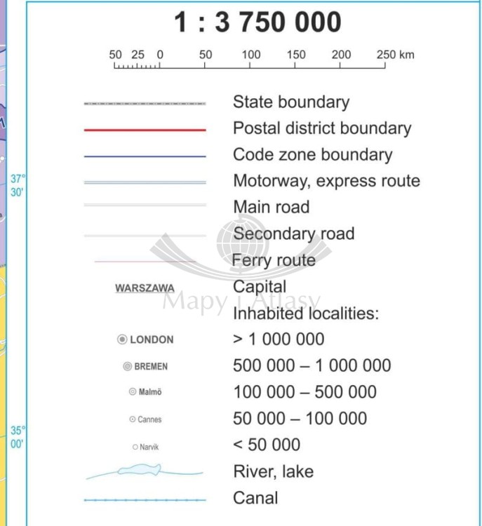 Europa 1:3 750 000. Mapa ścienna. Kody pocztowe. Język angielski. Legenda