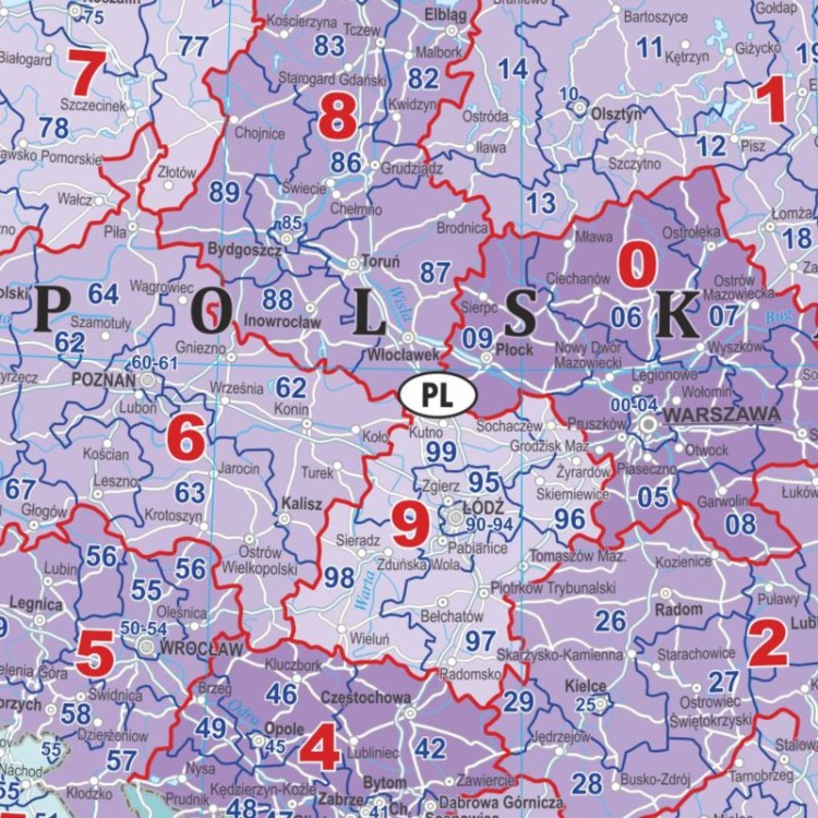 Europa 1:3 750 000. Mapa ścienna. Kody pocztowe. Język polski. Fragment 3