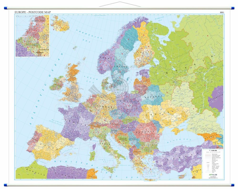 Europa  1:3 000 000. Mapa ścienna. Kody pocztowe. Język angielski