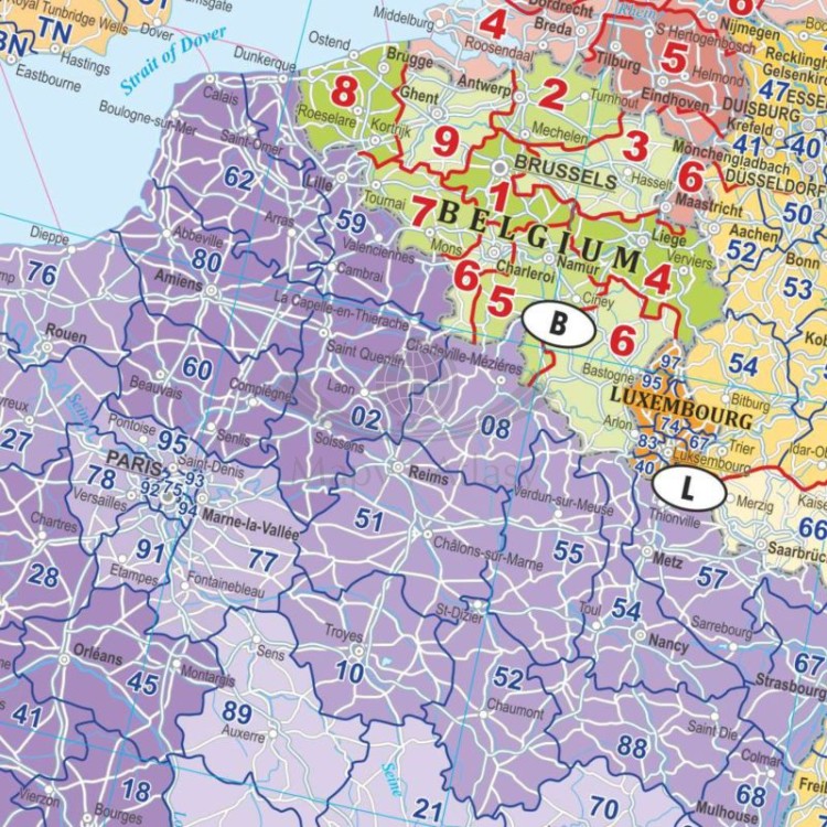 Europa 1:4 500 000. Arkusz, mapa ścienna. Kody pocztowe. Język angielski. Fragment 2