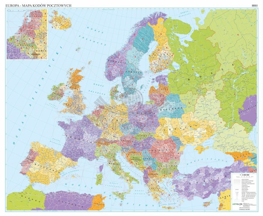 Europa  1:4 500 000. Arkusz, mapa ścienna. Kody pocztowe. Język polski