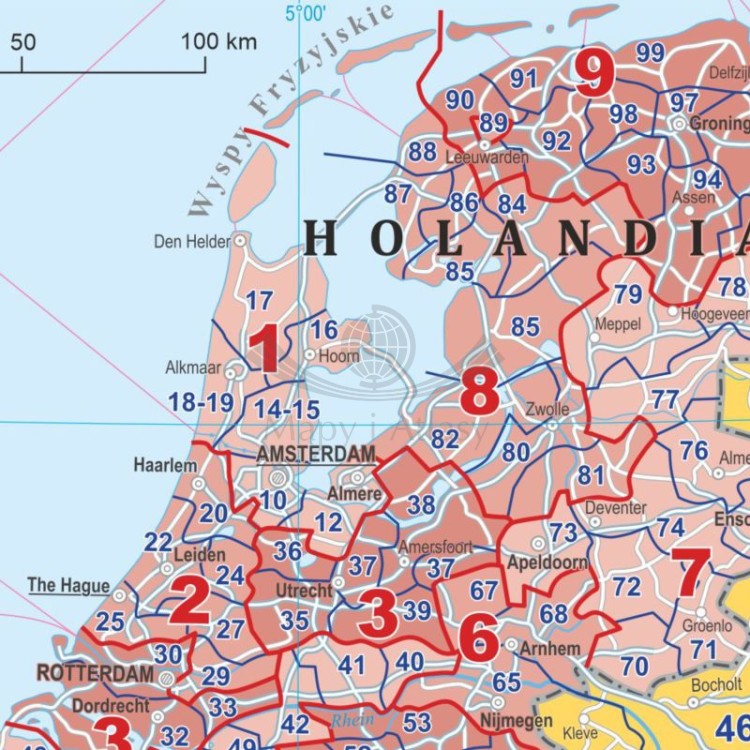 Europa 1:4 500 000. Arkusz, mapa ścienna. Kody pocztowe. Język polski. Fragment 1