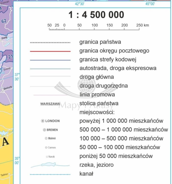 Europa 1:4 500 000. Arkusz, mapa ścienna. Kody pocztowe. Język polski. Legenda