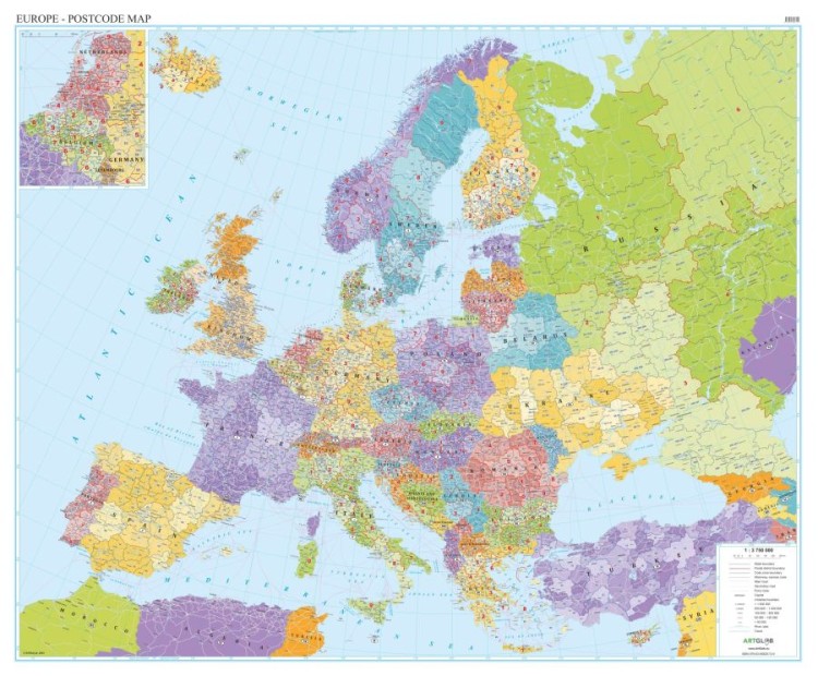 Europa 1:3 750 000. Arkusz, mapa ścienna. Kody pocztowe. Język angielski