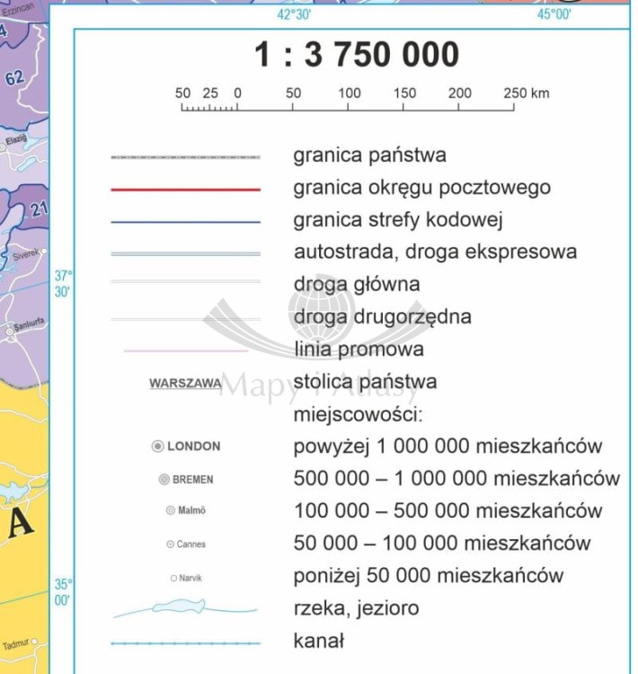 Europa 1:3 750 000. Arkusz, mapa ścienna. Kody pocztowe. Język polski. Legenda