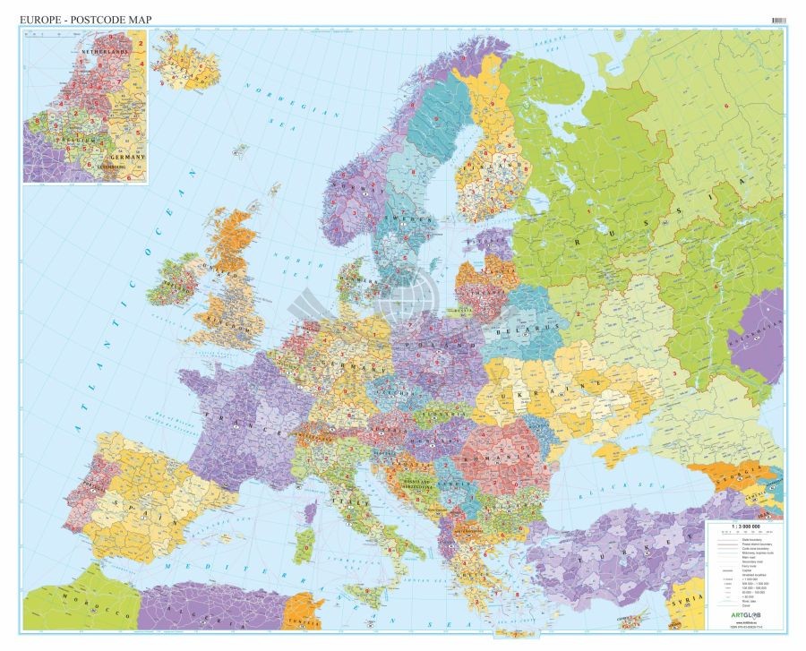 Europa  1:3 000 000. Arkusz, mapa ścienna. Kody pocztowe. Język angielski