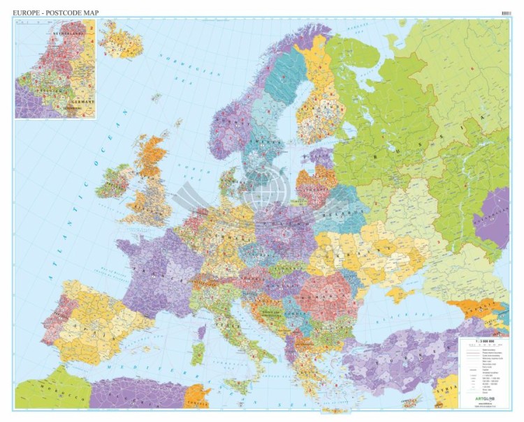 Europa 1:3 000 000. Arkusz, mapa ścienna. Kody pocztowe. Język angielski