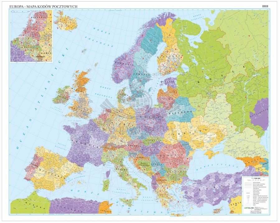 Europa  1:3 000 000. Arkusz, mapa ścienna. Kody pocztowe. Język polski