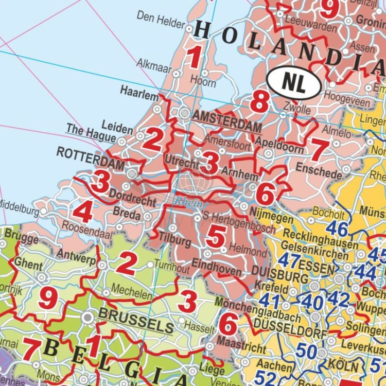 Europa 1:3 000 000. Arkusz, mapa ścienna. Kody pocztowe. Język polski. Fragment 2