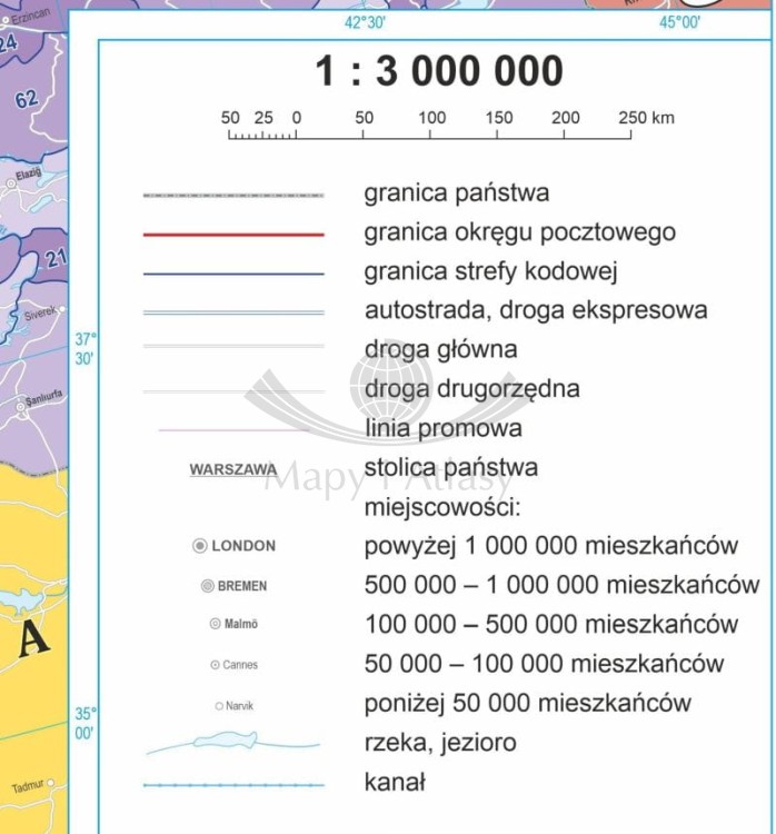Europa 1:3 000 000. Arkusz, mapa ścienna. Kody pocztowe. Język polski. Legenda