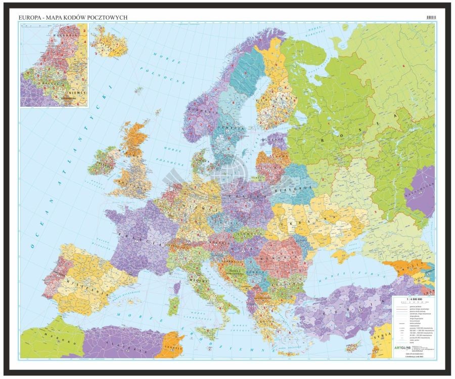 Europa  1:4 500 000. Mapa w ramie drewnianej. Kody pocztowe. Język polski