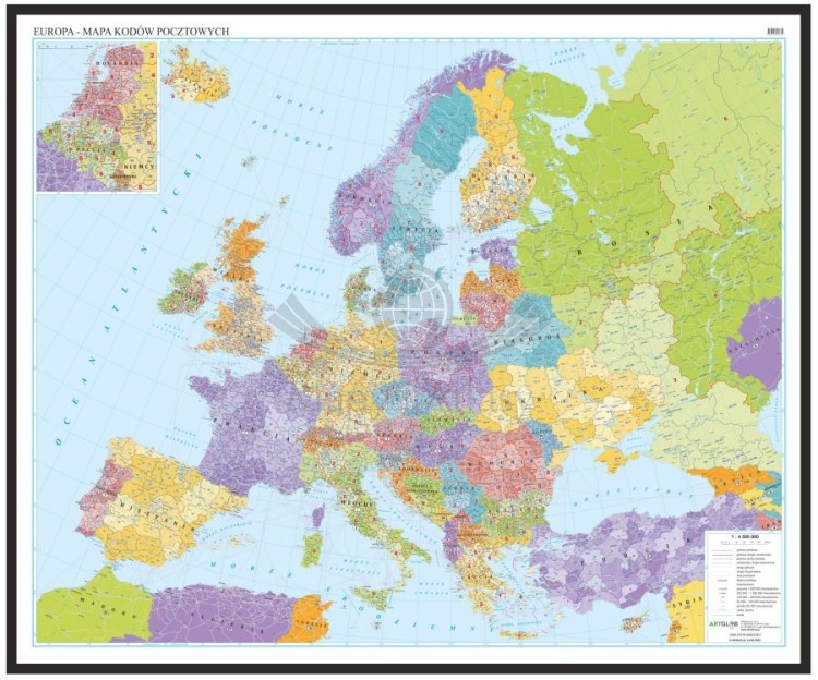 Europa 1:4 500 000. Mapa w ramie drewnianej. Kody pocztowe. Język polski