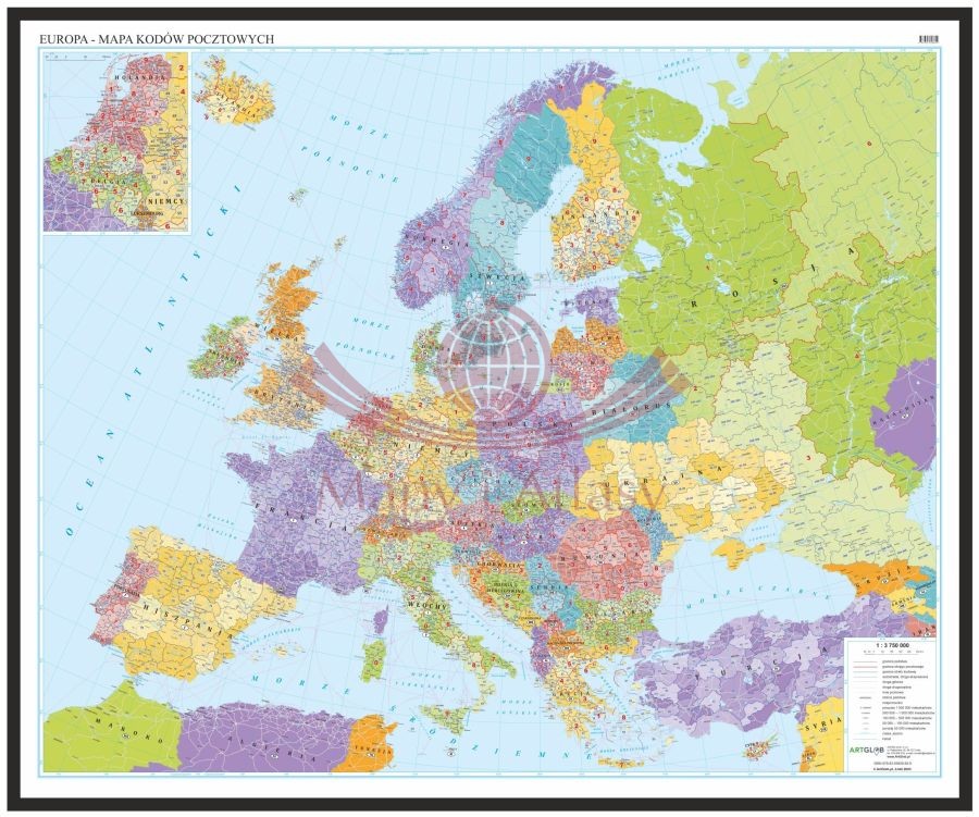 Europa  1:3 750 000. Mapa w ramie drewnianej. Kody pocztowe. Język polski