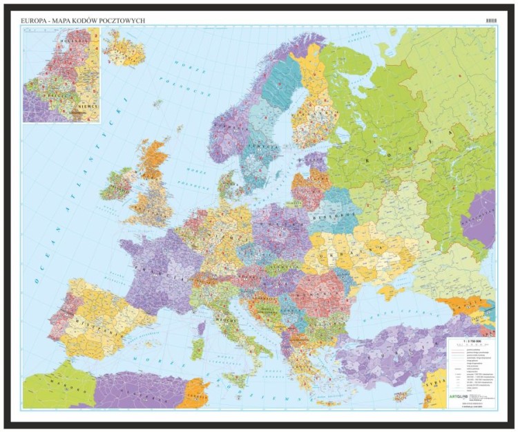 Europa 1:3 750 000. Mapa w ramie drewnianej. Kody pocztowe. Język polski