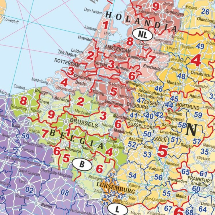 Europa 1:3 750 000. Mapa w ramie drewnianej. Kody pocztowe. Język polski. Fragment 2