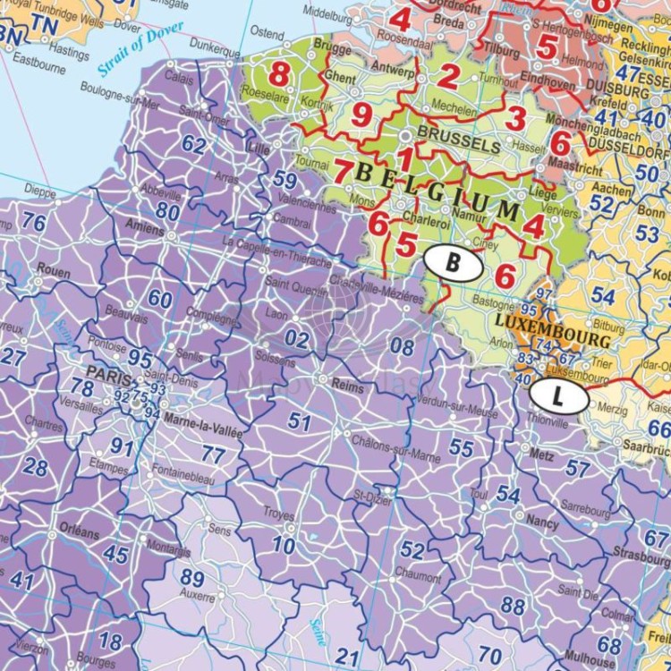 Europa 1:4 500 000. Mapa. Kody pocztowe. Język angielski. Wersja do wpinania. Fragment 2