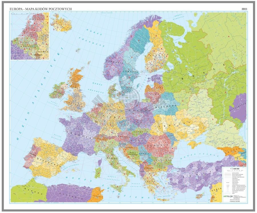 Europa  1:4 500 000. Mapa. Kody pocztowe. Język polski. Wersja do wpinania