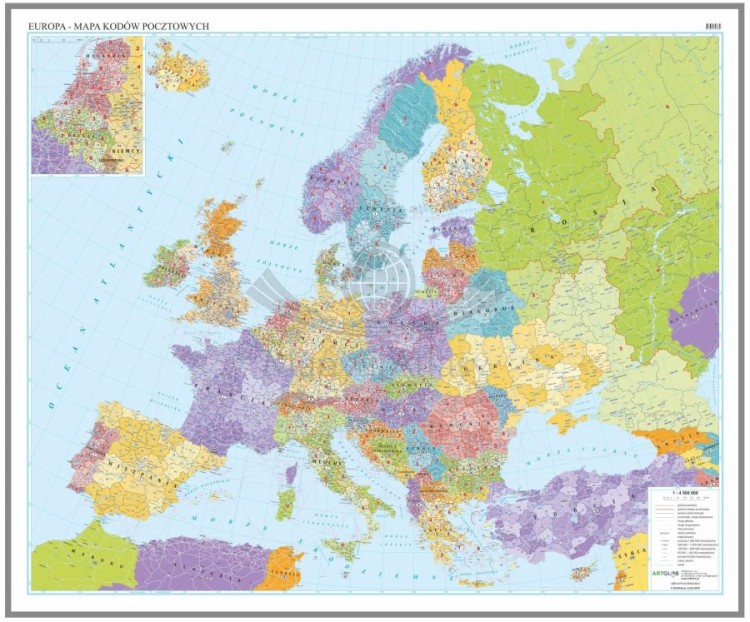 Europa 1:4 500 000. Mapa. Kody pocztowe. Język polski. Wersja do wpinania